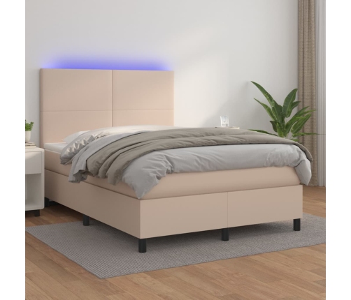 vidaXL Cama box spring colchón LED cuero sintético capuchino 140x190cm