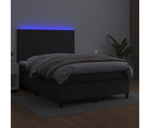 Cama box spring colchón y LED cuero sintético negro 140x200 cm