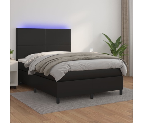 Cama box spring colchón y LED cuero sintético negro 140x200 cm