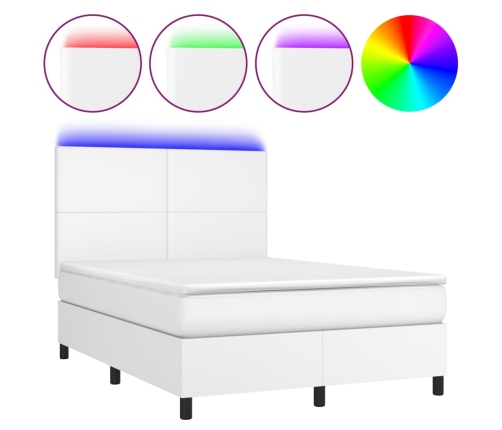 Cama box spring colchón y LED cuero sintético blanco 140x200 cm