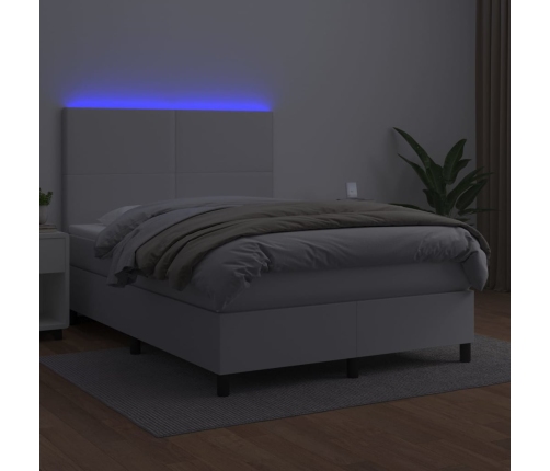 Cama box spring colchón y LED cuero sintético blanco 140x200 cm