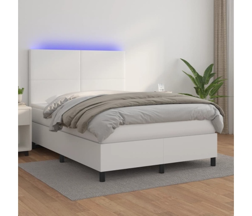 Cama box spring colchón y LED cuero sintético blanco 140x200 cm