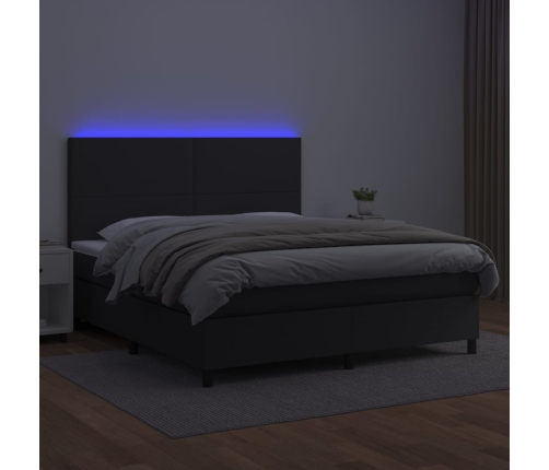 Cama box spring colchón y LED cuero sintético negro 160x200 cm