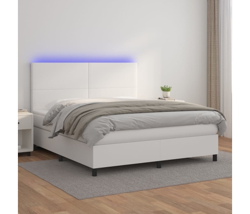 vidaXL Cama box spring colchón y LED cuero sintético blanco 160x200 cm