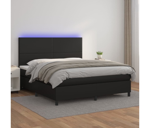 Cama box spring colchón y LED cuero sintético negro 180x200 cm