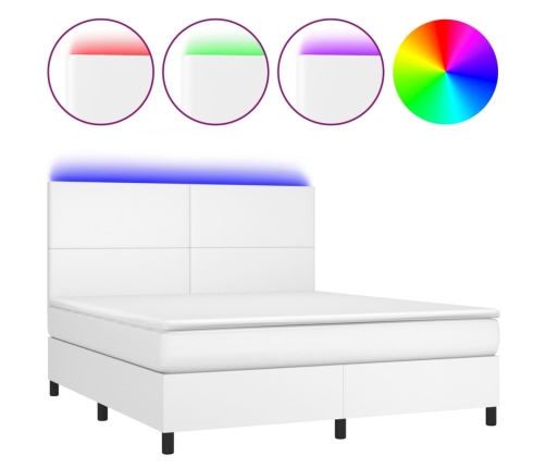 Cama box spring colchón y LED cuero sintético blanco 180x200 cm