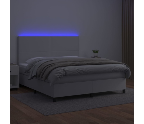 Cama box spring colchón y LED cuero sintético blanco 180x200 cm