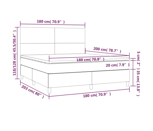 Cama box spring colchón y LED cuero sintético blanco 180x200 cm