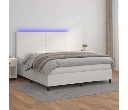 Cama box spring colchón y LED cuero sintético blanco 180x200 cm