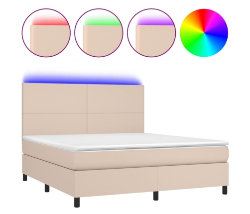 Cama box spring colchón LED cuero sintético capuchino 180x200cm