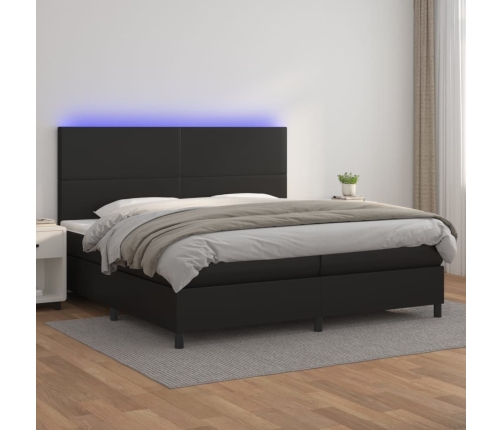 Cama box spring colchón y LED cuero sintético negro 200x200 cm