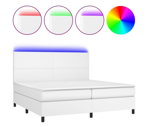 Cama box spring colchón y LED cuero sintético blanco 200x200 cm