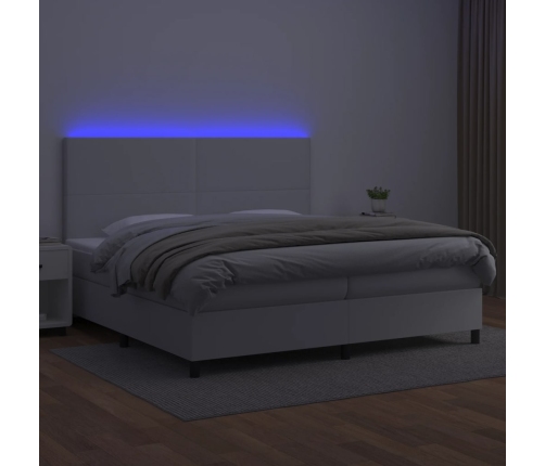Cama box spring colchón y LED cuero sintético blanco 200x200 cm