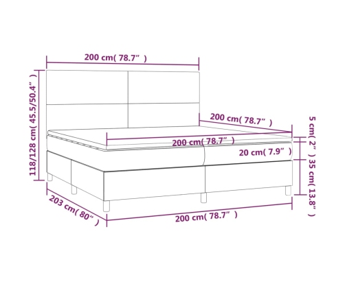Cama box spring colchón y LED cuero sintético blanco 200x200 cm