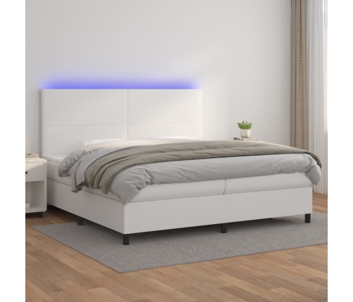 Cama box spring colchón y LED cuero sintético blanco 200x200 cm