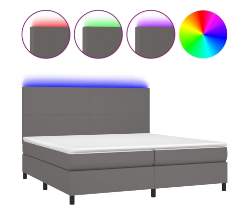 Cama box spring colchón y LED cuero sintético gris 200x200 cm