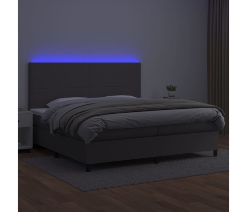 Cama box spring colchón y LED cuero sintético gris 200x200 cm