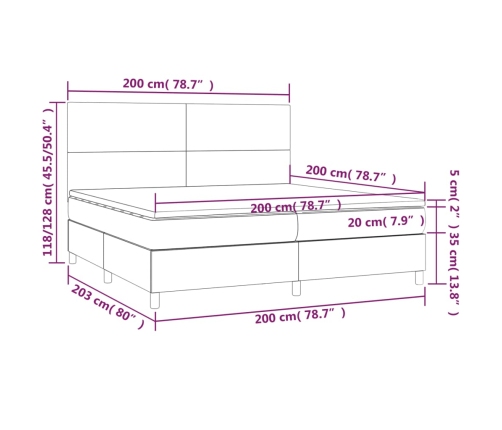 Cama box spring colchón y LED cuero sintético gris 200x200 cm