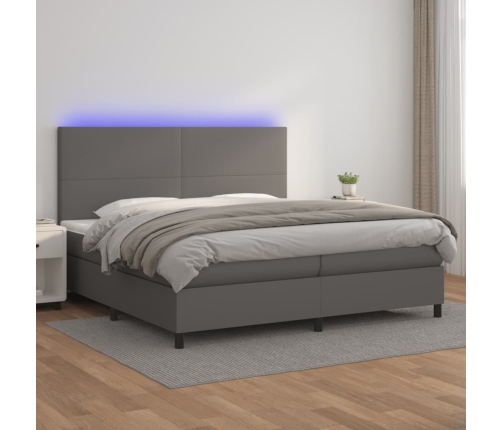 Cama box spring colchón y LED cuero sintético gris 200x200 cm