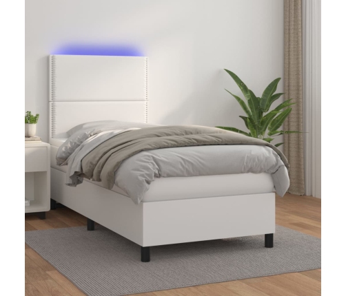 Cama box spring y colchón LED cuero sintético blanco 80x200 cm