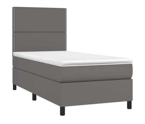 Cama box spring y colchón LED cuero sintético gris 80x200 cm