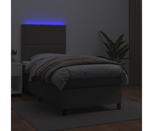 Cama box spring y colchón LED cuero sintético gris 80x200 cm