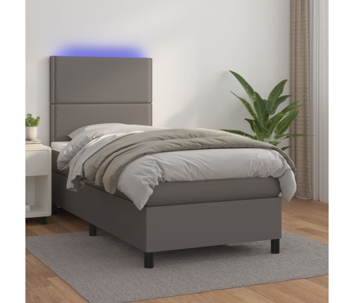 Cama box spring y colchón LED cuero sintético gris 80x200 cm