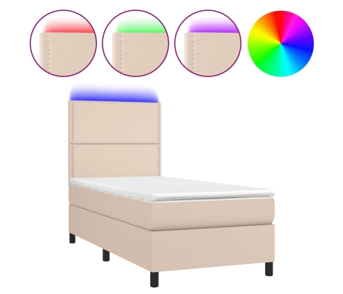 Cama box spring colchón LED cuero sintético capuchino 80x200 cm