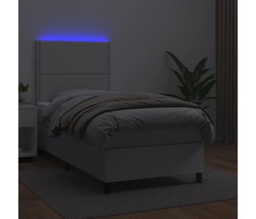 Cama box spring y colchón LED cuero sintético blanco 90x190 cm