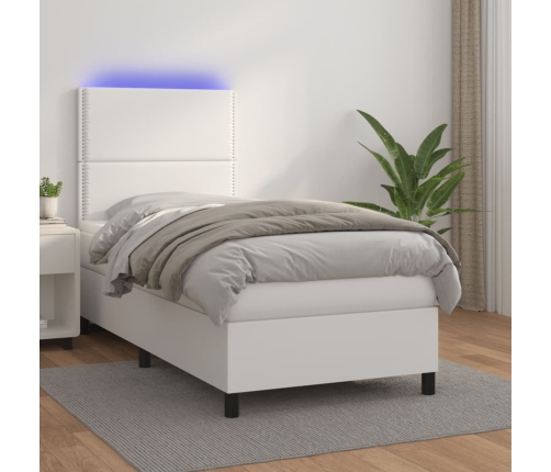 Cama box spring y colchón LED cuero sintético blanco 90x190 cm