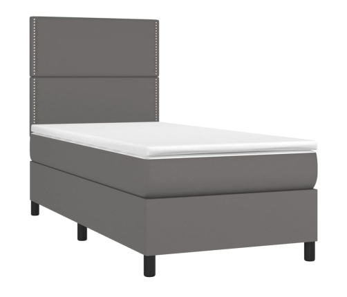 Cama box spring y colchón LED cuero sintético gris 90x200 cm