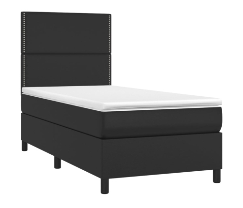 Cama box spring colchón y LED cuero sintético negro 100x200 cm