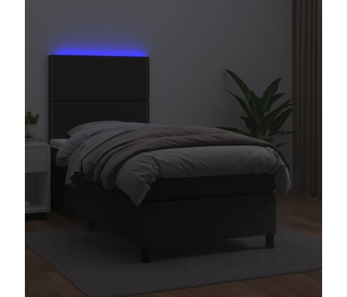 Cama box spring colchón y LED cuero sintético negro 100x200 cm