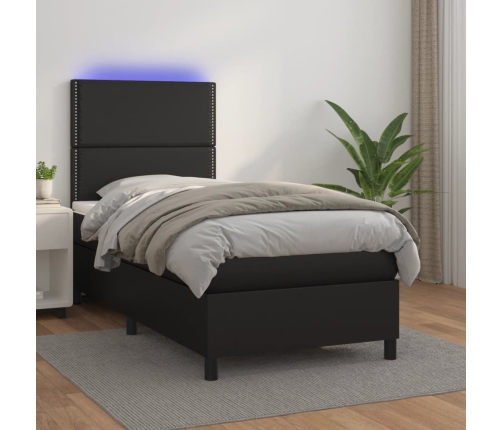 Cama box spring colchón y LED cuero sintético negro 100x200 cm