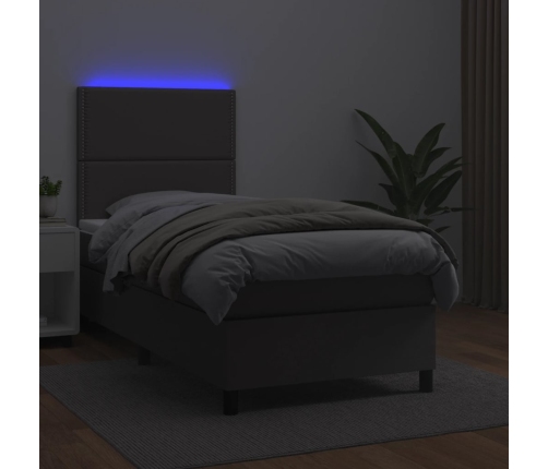 Cama box spring colchón y LED cuero sintético gris 100x200 cm