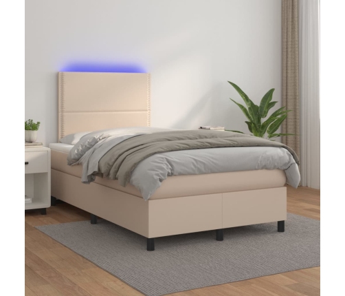 Cama box spring colchón LED cuero sintético capuchino 120x200cm