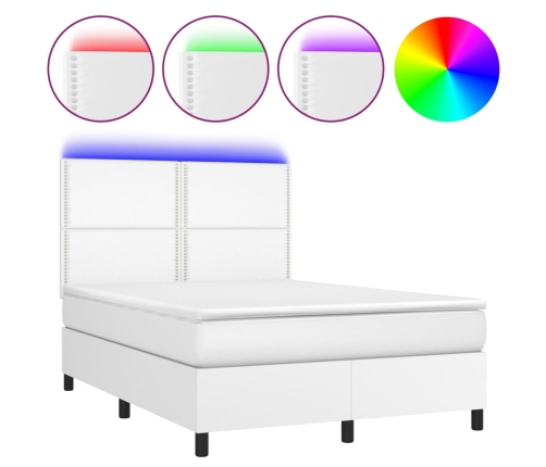 Cama box spring colchón y LED cuero sintético blanco 140x190 cm