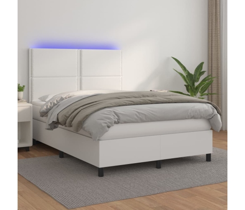 Cama box spring colchón y LED cuero sintético blanco 140x190 cm