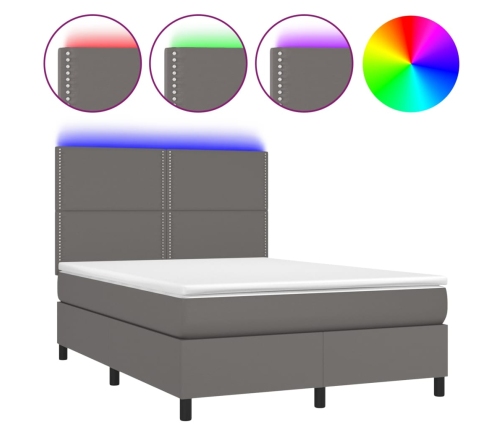 Cama box spring colchón y LED cuero sintético gris 140x190 cm