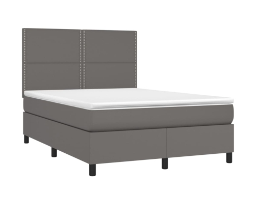 Cama box spring colchón y LED cuero sintético gris 140x190 cm