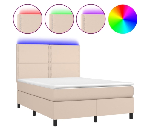 Cama box spring colchón LED cuero sintético capuchino 140x190cm