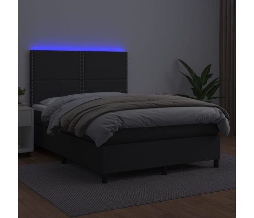 Cama box spring colchón y LED cuero sintético negro 140x200 cm