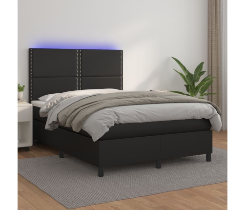 Cama box spring colchón y LED cuero sintético negro 140x200 cm