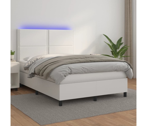 Cama box spring colchón y LED cuero sintético blanco 140x200 cm