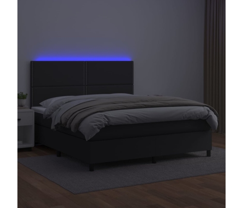 Cama box spring colchón y LED cuero sintético negro 160x200 cm