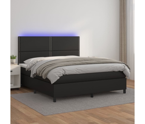 Cama box spring colchón y LED cuero sintético negro 160x200 cm