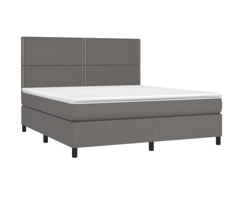 Cama box spring colchón y LED cuero sintético gris 160x200 cm