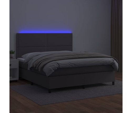 Cama box spring colchón y LED cuero sintético gris 180x200 cm
