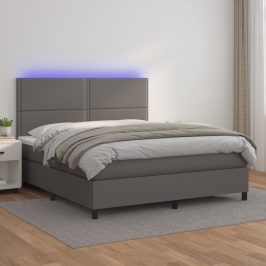 Cama box spring colchón y LED cuero sintético gris 180x200 cm