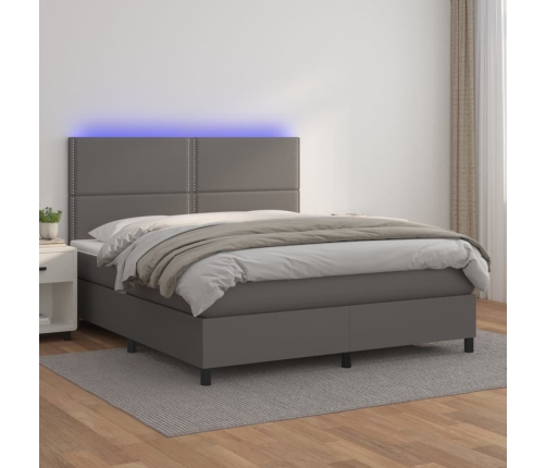 Cama box spring colchón y LED cuero sintético gris 180x200 cm